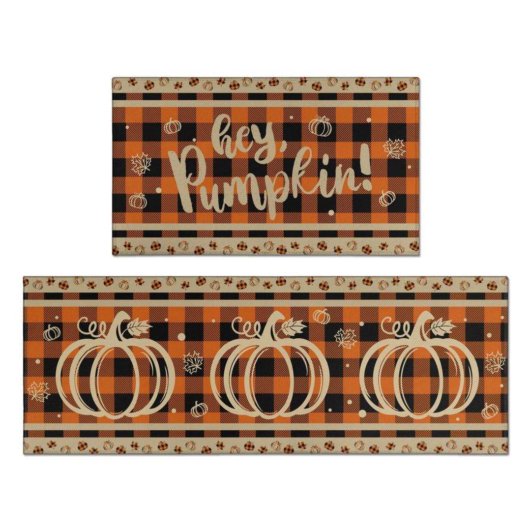 Fall Kitchen Rugs and Mats Set of 2, Pumpkin Buffalo Plaid Kitchen Rugs, Non-Slip Washable Anti-Fatigue Kitchen Rugs for Kitchen Laundry Autumn Thanksgiving Home Decor, 17x30+17x47 Inches