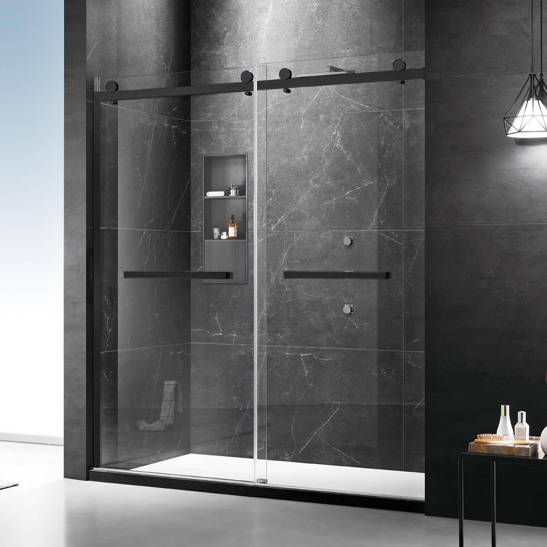 Milano Double Sliding Shower Door, 60 in.W x 74 in.H Framed Shower Door 5/16"(8mm) Clear Tempered Glass, 18 inch Pull Handle, Stainless Steel Hardware, Matte Black Finished