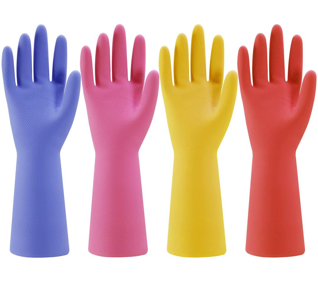 Rubber Kitchen Dishwashing Gloves - 4 Pairs Colorful Reusable Household Cleaning Gloves for Washing Dishes and Cleaning Tasks, Flexible Long-lasting and Non-Slip (Large, Blue+Pink+Yellow+Orange)