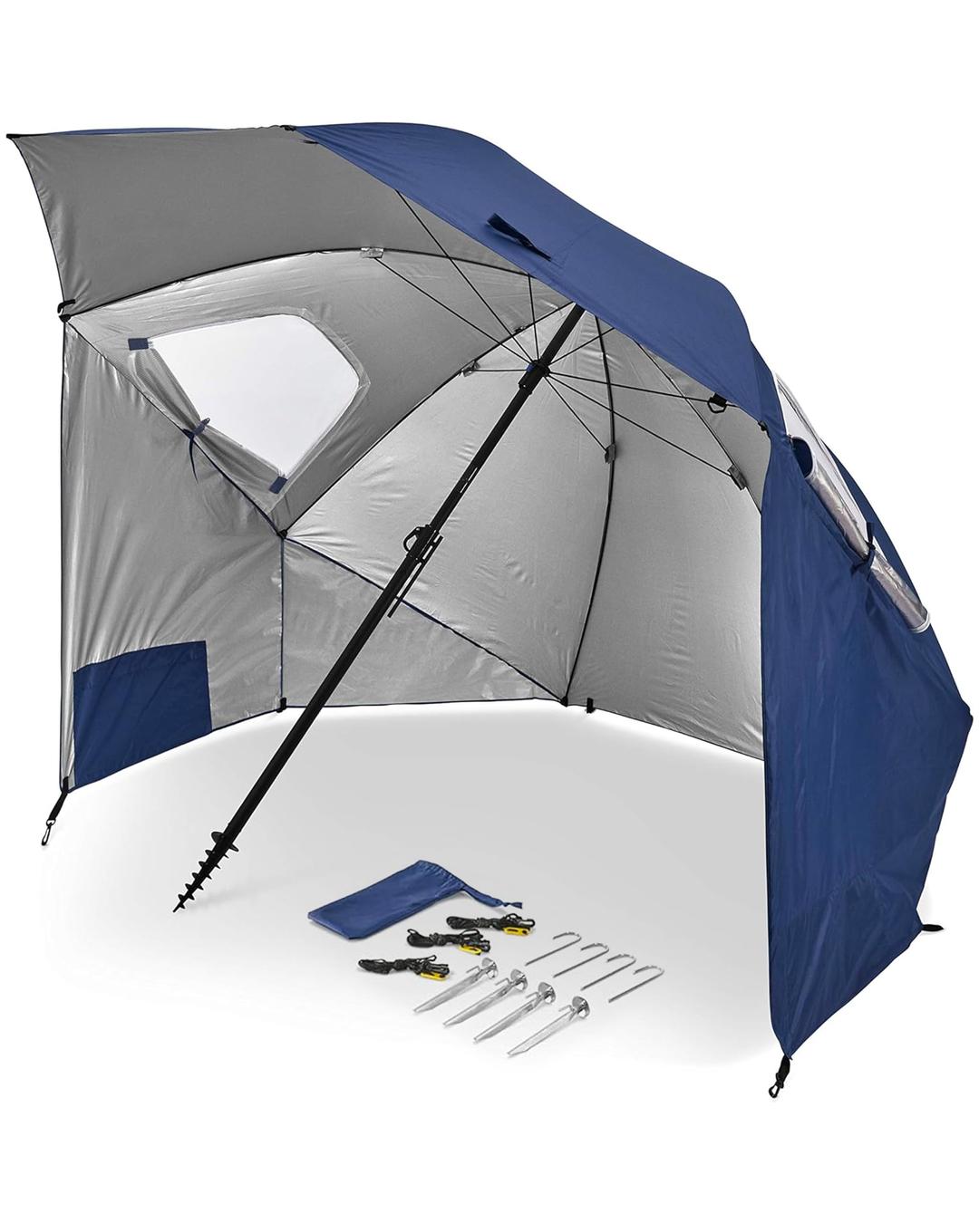 Sport-Brella Premiere XL 9-Foot Umbrella - Heavy-duty 1.25" Center Pole & Twist Handle Auger - UPF 50+ Sun Protection - Privacy Side Panels, Zippered Windows & 2 Interior Pockets - Carry Bag Included