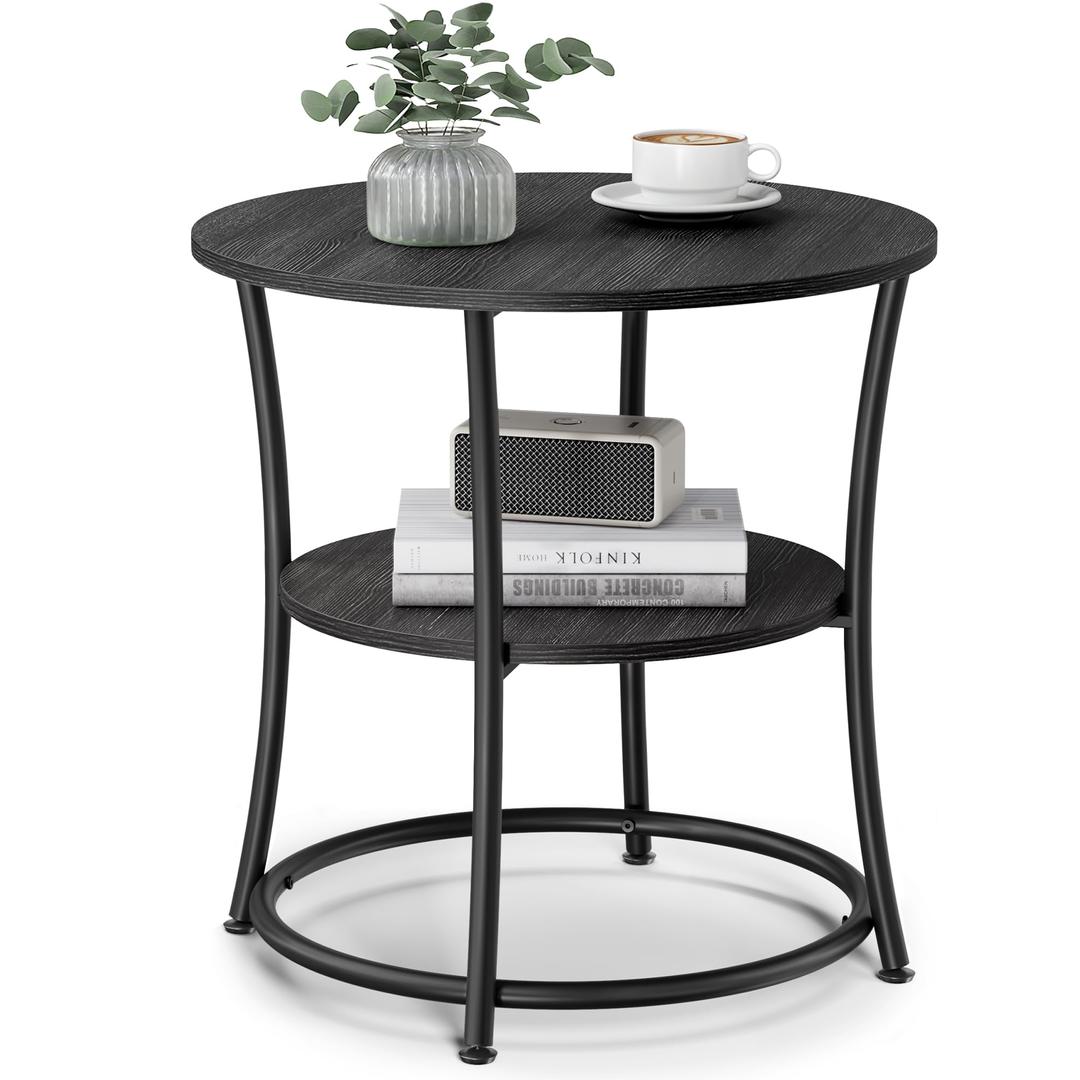 VASAGLE Side Table, Round End Table with 2 Storage Shelves for Living Room, Bedroom, Nightstand with Steel Frame for Small Spaces, Accent Coffee Table, Charcoal Gray and Ink Black