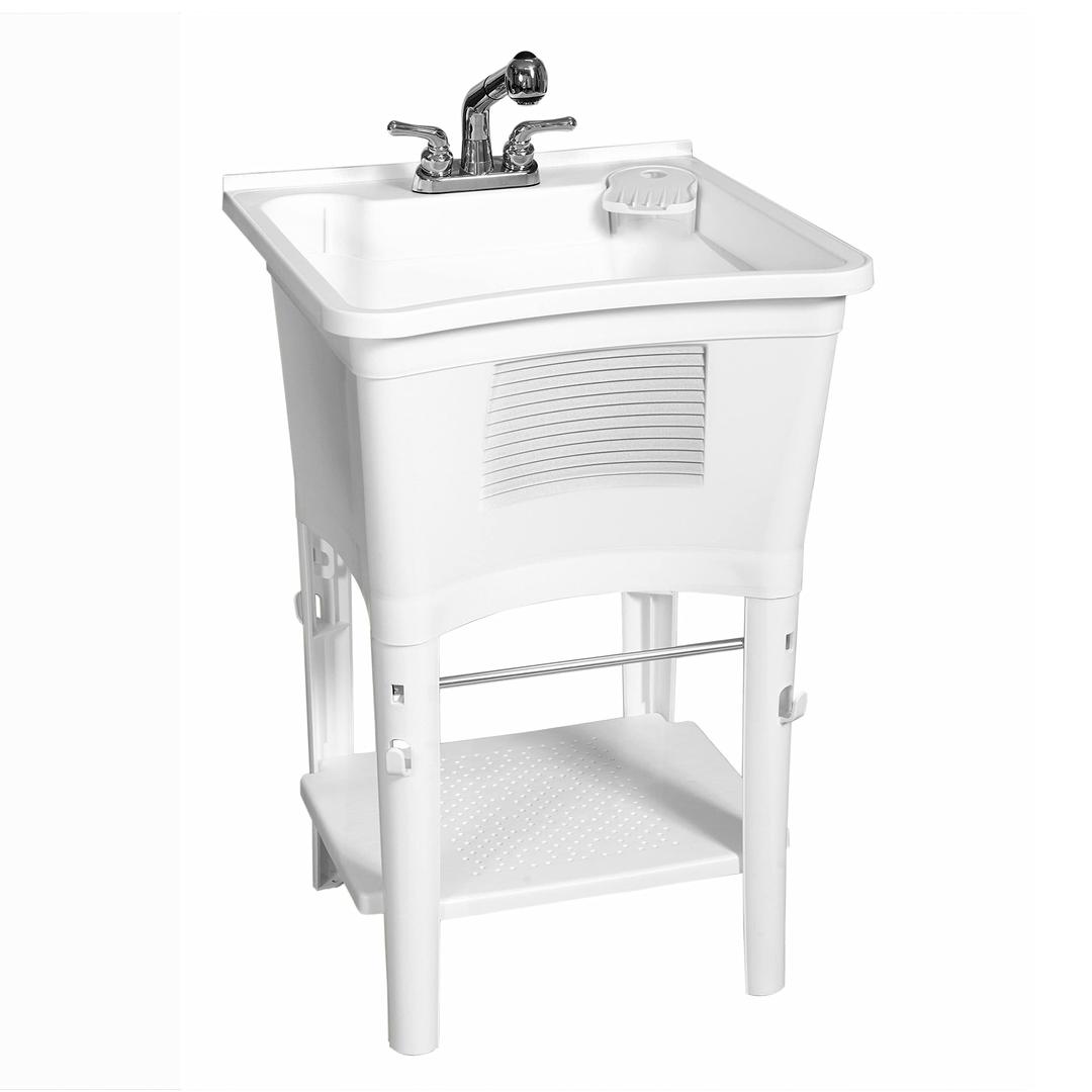 Zenna Home Utility Sink with Faucet, White, 24" D x 24" W – Freestanding Laundry Tub Sink for Laundry Room, Bathroom, Garage, Kitchen – Deep Shop Sink with Pull-Out Faucet, Towel Bar and Scrub Board