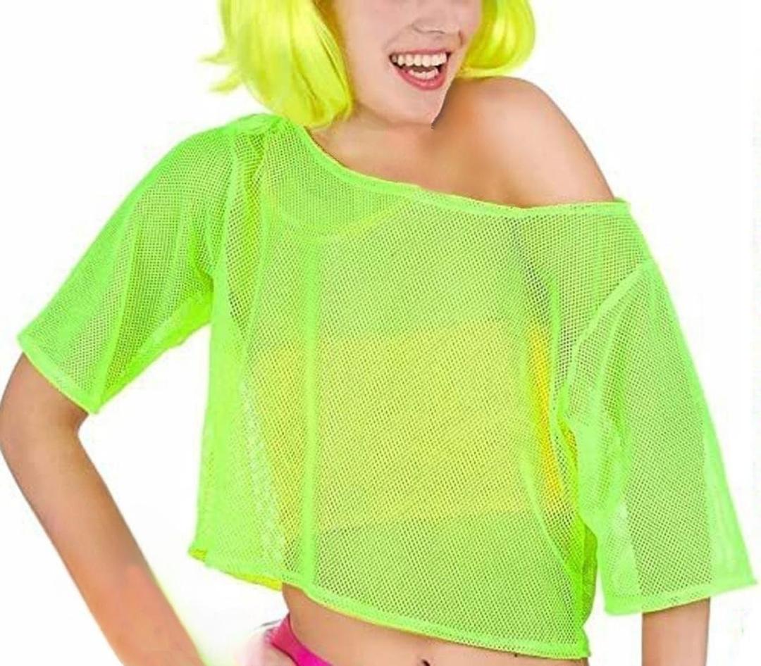 LuckyMoon80s Mesh Fishnet Tops for Women Neon Fishnet Off Shoulder T-Shirt Fancy Dress Disco Retro Outfit Costume