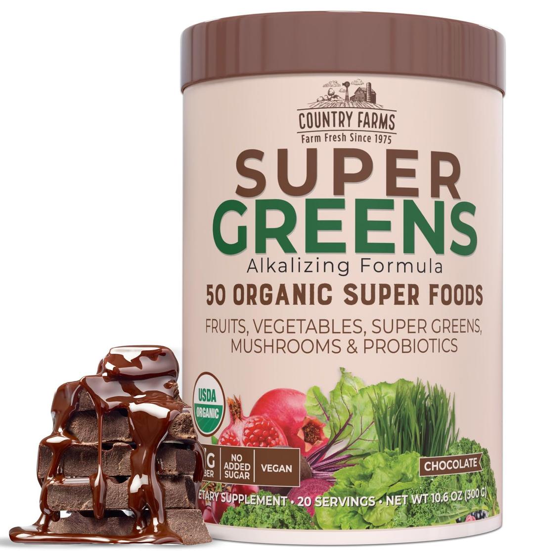 COUNTRY FARMSSuper Greens Chocolate Flavor, 50 Organic Super Foods, USDA Organic Drink Mix, Packed with Fiber, Fruits, Vegetables, Super Greens, Mushrooms & Probiotics, Supports Energy, 7g Fiber