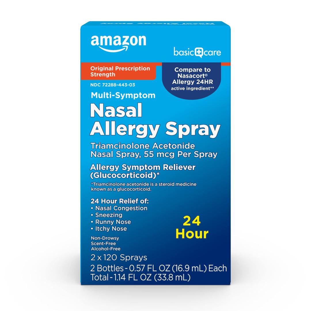 Amazon Basic Care Multi-Symptom Triamcinolone Acetonide Nasal Allergy Spray, 55 mcg, 0.57 fl oz (Pack of 2)