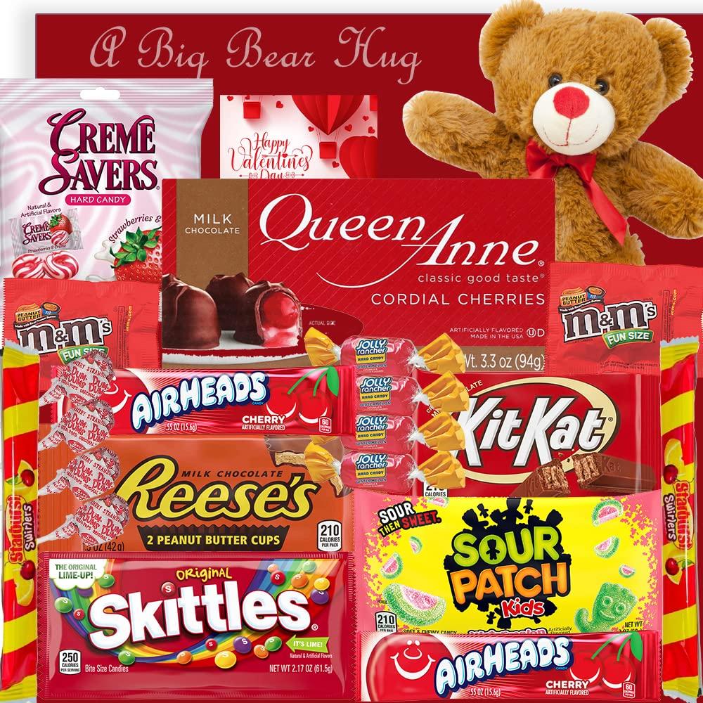 Valentines Day Care Package Basket | Teddy Bear Candy Chocolate Gift Box | Reeses Skittles Airhears Sour Patch KitKat M&M Starburst Jolly Rancher Creme Savers DumDum Cherries | Lover Her Girl Friend Kids (Bear)