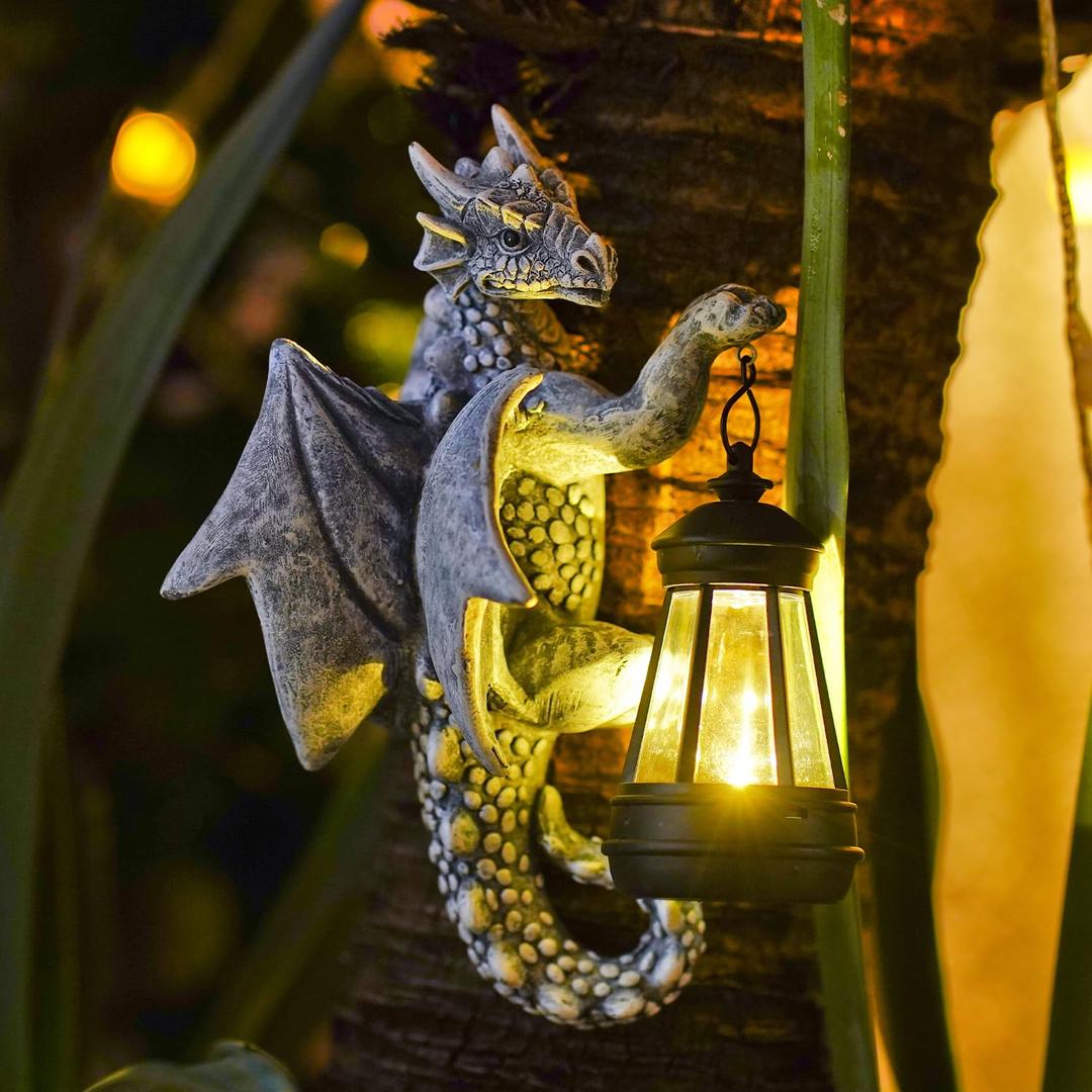 Dragon Tree Hugger with Solar Lanten - 9.3 Inch Resin Dragon Statue for Outside Garden Yard Decor,Unique Outdoor Dragon Gifts & Birthday Gifts for Mom Women Grandma