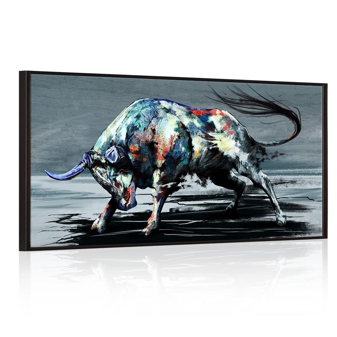 sechars Large Fighting Bull Painting Wall Art Canvas Cool Animal Picture Artwork with Black Floater Frame Modern Home Office Western Cowboy Room Decoration Ready to Hang 24"x48"