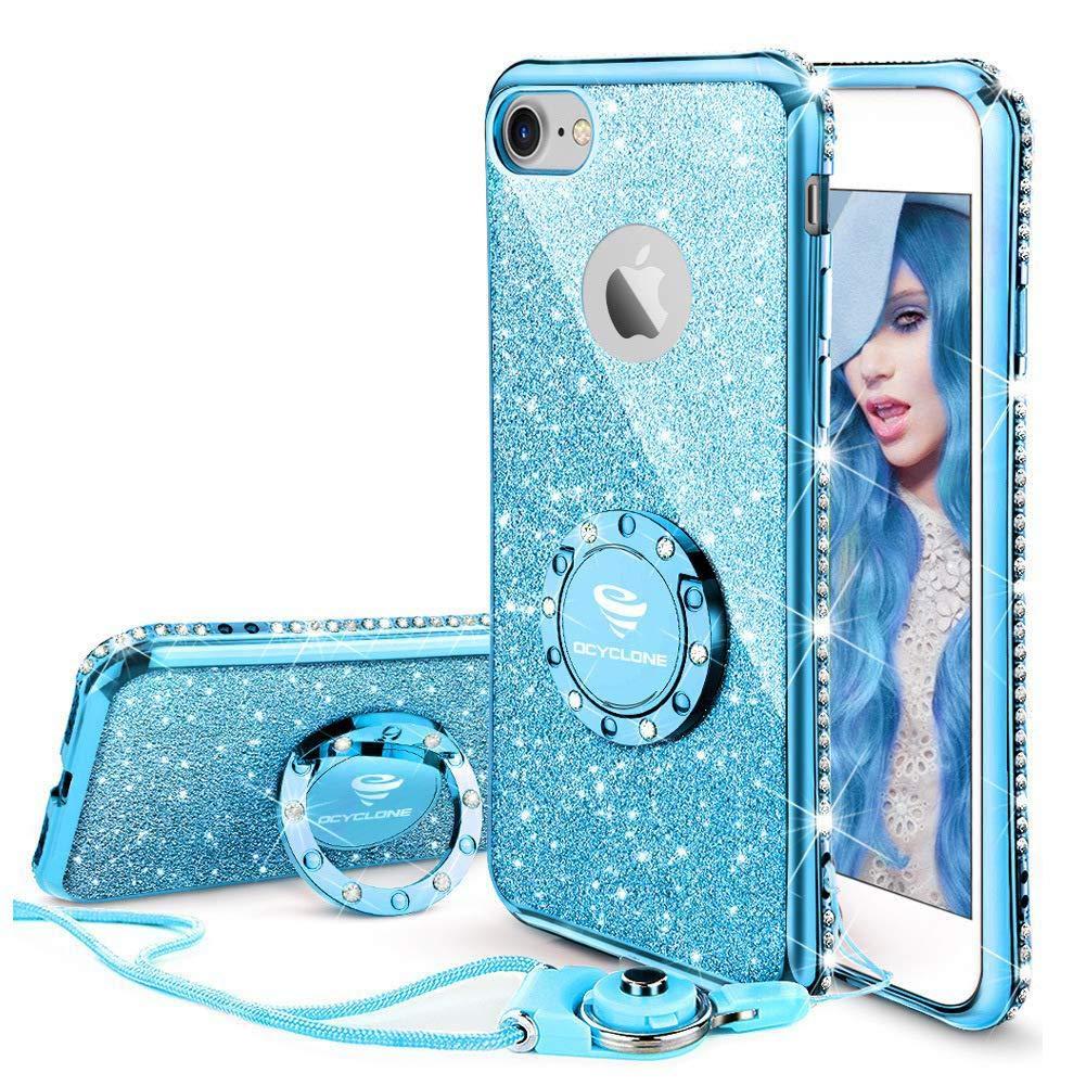 OCYCLONE Cute iPhone 8 Case, Cute iPhone 7 Case, Glitter Luxury Bling Diamond Rhinestone Bumper with Ring Grip Kickstand Protective Thin Girly iPhone 8 Case/iPhone 7 Case for Women Girl - Blue