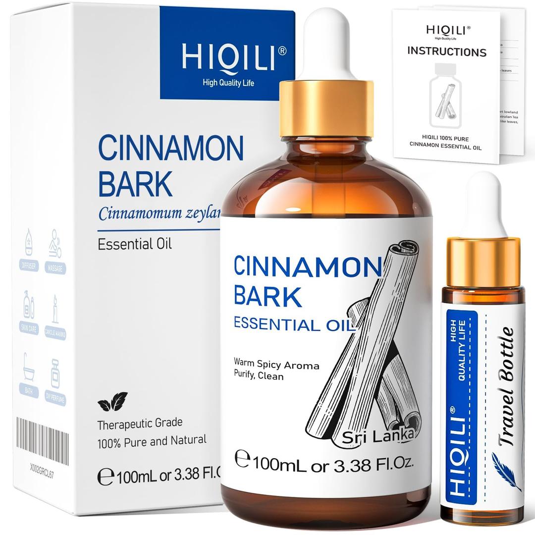 HIQILI Cinnamon Essential Oil for Spary, Diffuser, Garden and Kitchen - 100% Pure Natural - Indoor and Outdoor, 3.38 Fl Oz