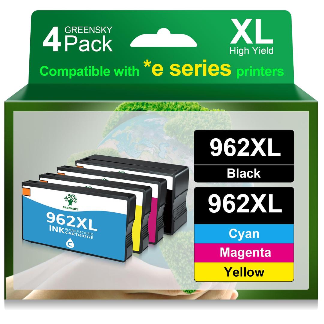 GREENSKY 962xl Ink Cartridges Compatible with HP 962xl Ink Cartridges Combo Pack Compatible with HP Officejet Pro 9015e 9015 9010 9018e 9025e 9018 9020 9025 9012 Printer (Black, Cyan, Magenta, Yellow)