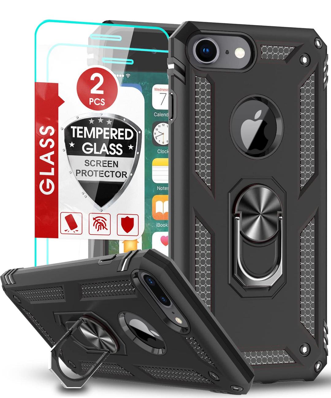 LeYi iPhone 8/7/6s/6 Case with [2-Pack] Tempered Glass, Military-Grade, Kickstand Ring - Black