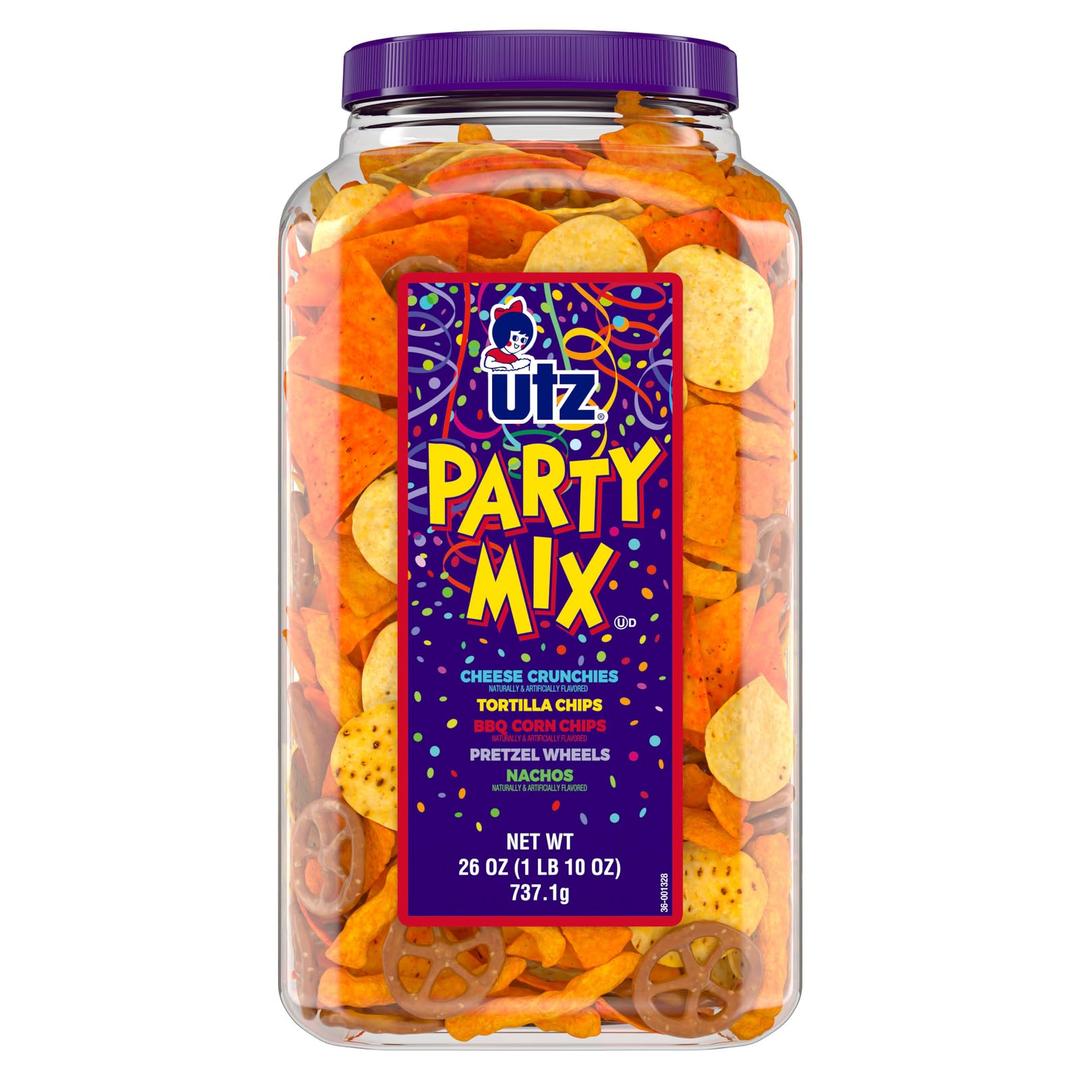 Utz Party Mix - 26 Ounce Barrel - Tasty Snack Mix Includes Corn/Nacho Tortillas, Pretzels, BBQ Corn Chips and Cheese Curls, Easy and Quick Party Snacks, Cholesterol Free and Trans-Fat Free