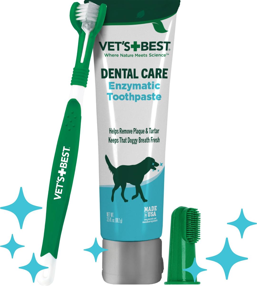 Vet's BestDog Toothbrush & Enzymatic Toothpaste Kit - Teeth Cleaning - Made with Natural Ingredients - Reduces Plaque, Whitens Teeth, Freshens Breath - Bonus Care Guide & Finger Brush Included