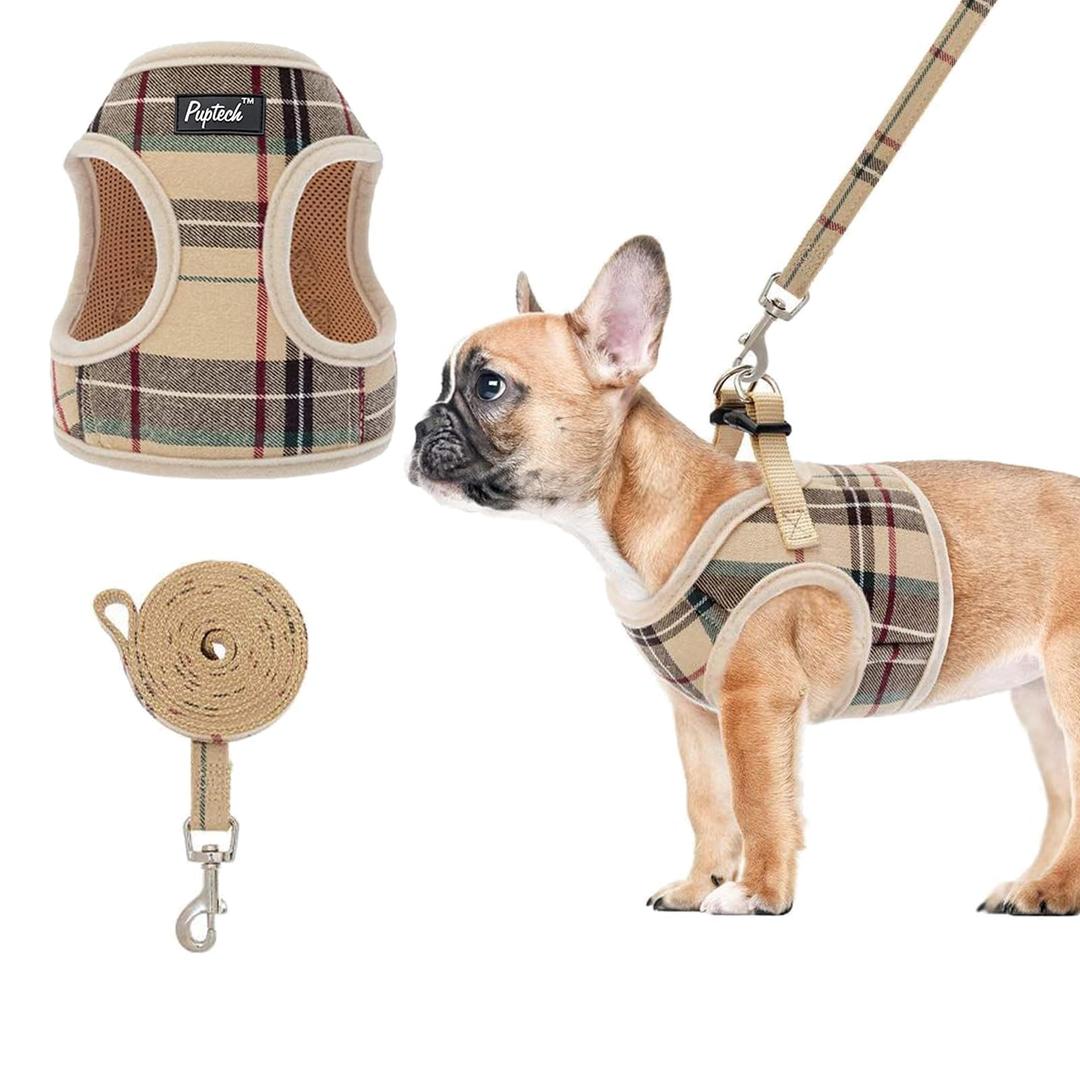 PUPTECK Soft Mesh Dog Harness and Leash Set Step-in Plaid Puppy Padded No Pull Vest Harness for XS Small Medium Sized Dogs Cats Outdoor Walking, Beige M