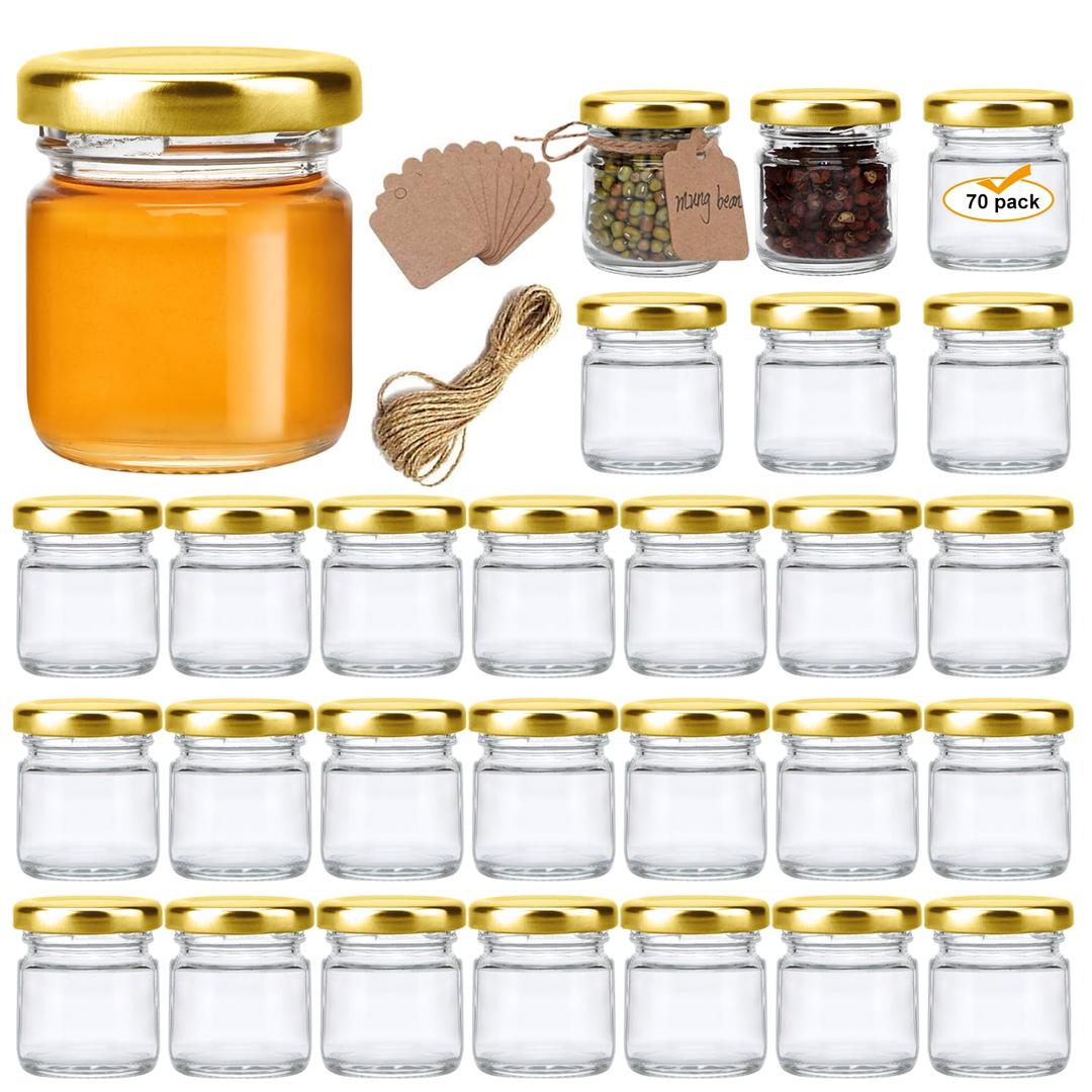 Encheng 1.5oz Mini Glass Jars Bulk Set of 70,Round Small 45ml Honey Jars with Golden Lids,Clear Mini Storage Canning Jar for Candle Making,Spice,Jelly,Jam,Wedding,Party Favor