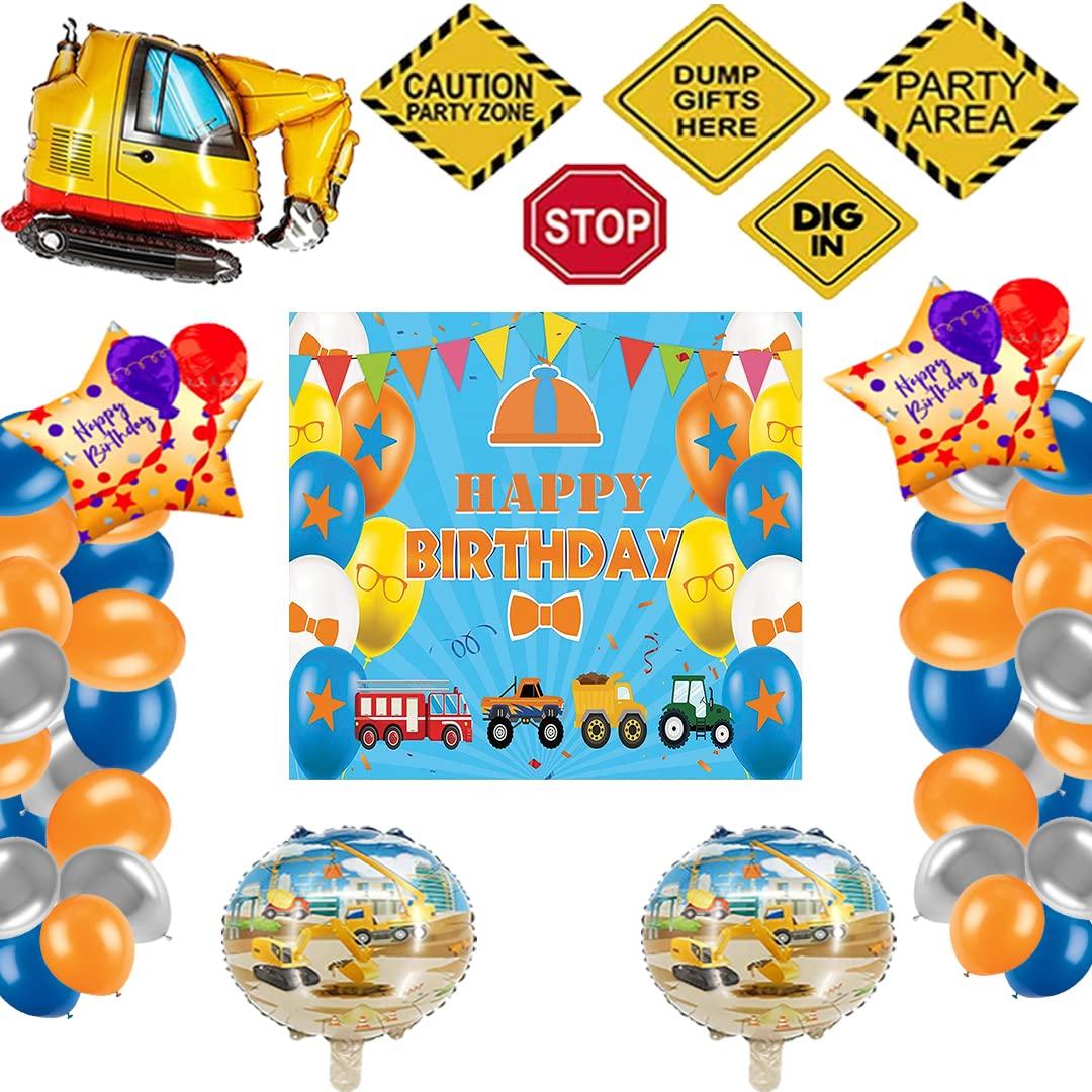 Theme My Party Construction Theme Birthday Party Decorations Happy Birthday Backdrop Banner Balloons with Cutouts (Yellow Construction kit 1)