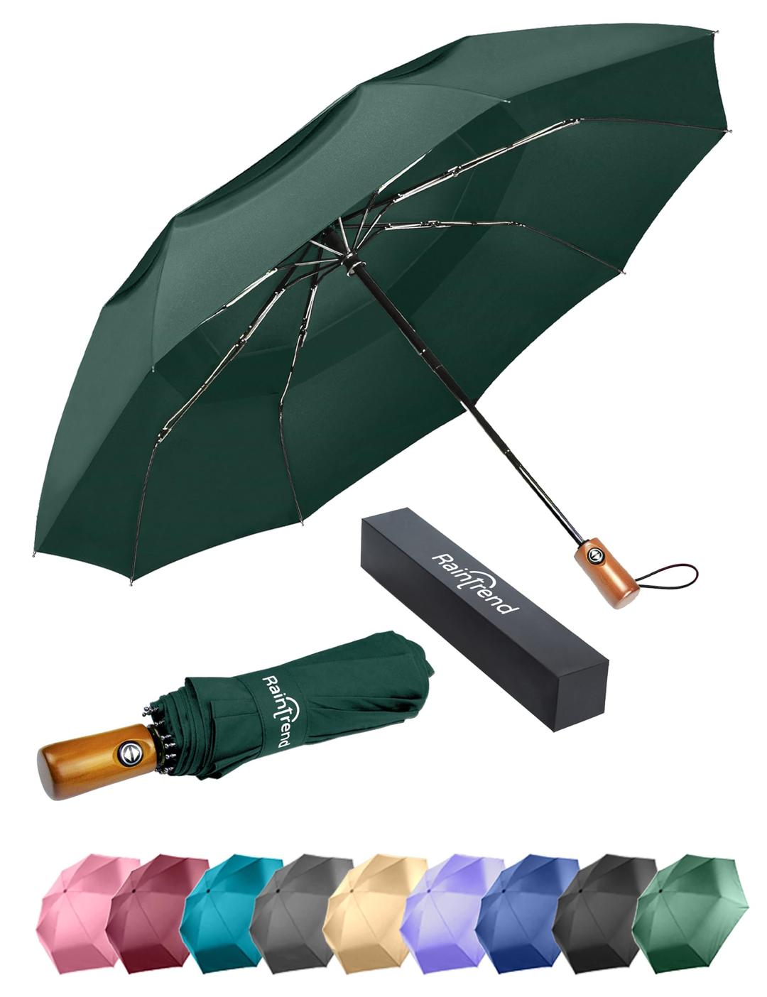 PREMIUM UMBRELLAS for Rain Windproof Travel Dark Green Umbrella - Large Double Canopy but Compact Folding Portable - Automatic Strong Wind Resistant Construction - Womens Mens Umbrella for Backpack Car Purse