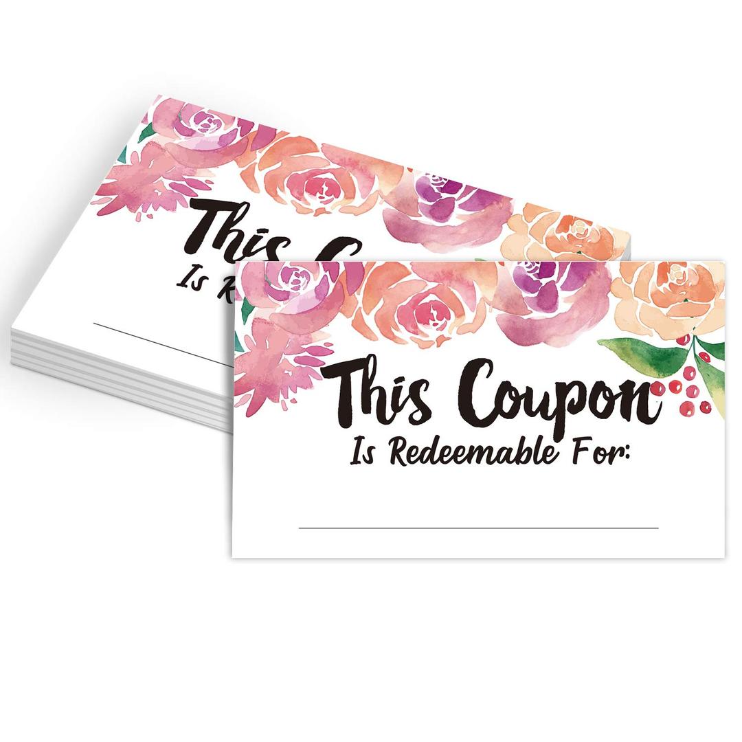 50 Coupon Cards, Floral Blank Gift Certificates Redeem Vouchers for Business, Coupons for Mom, Wife, Husband, Business - Vouchers, Business Services Coupon to Offer Customer Rewards and Incentives