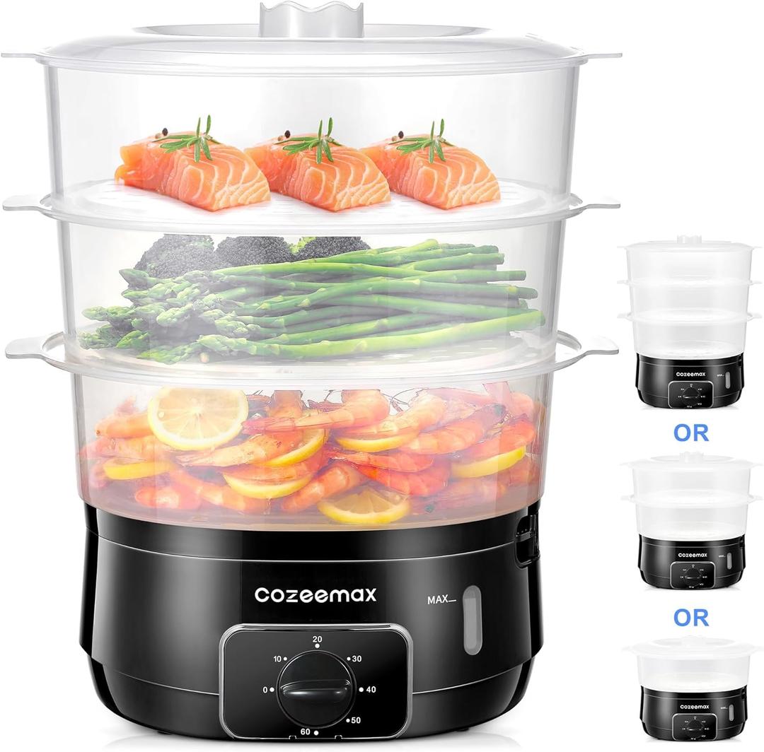 3 Tier Electric Food Steamer for Cooking, 13.7QT Vegetable Steamer for Fast Simultaneous Cooking, Veggie Steamer, Food Steam Cooker, 60 Minute Timer, BPA Free Baskets, 800W(Black)