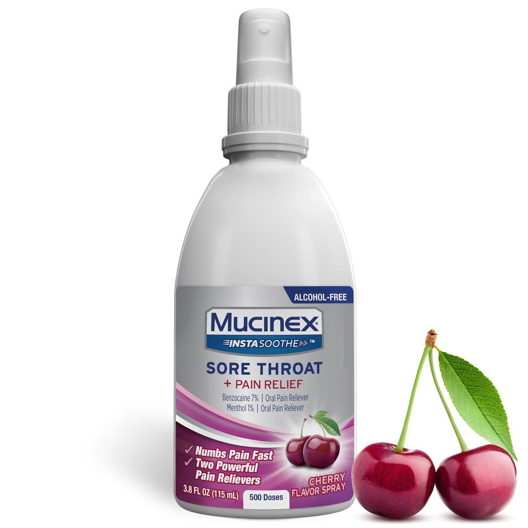 Mucinex Instasoothe Sore Throat Relief, Throat Numbing Spray Starts to Work On Contact, Sore Throat Pain Medicine, Relieves Pain associated with Sore Throat, Cherry Flavor Throat Spray, 3.8 Fl Oz