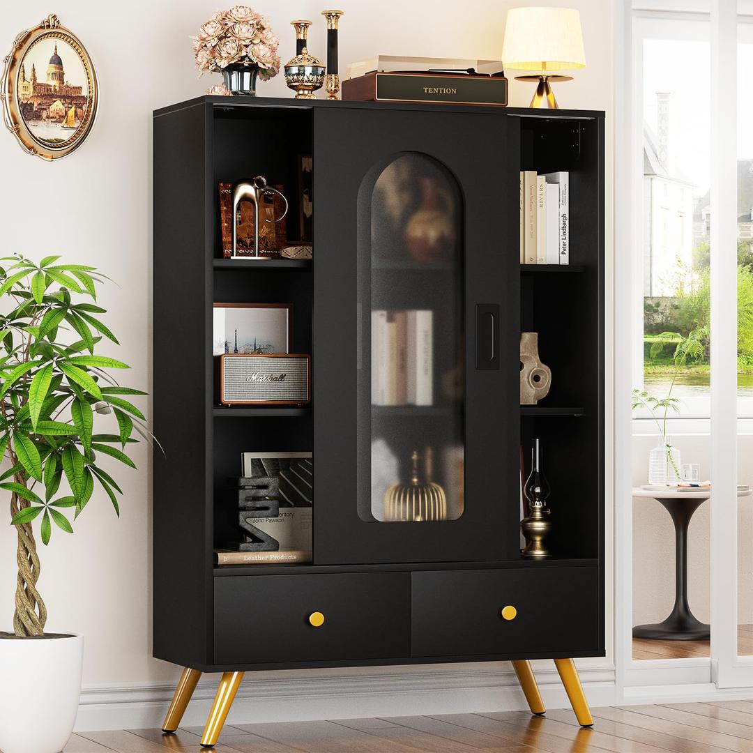 CyclysioStorage Cabinet with Sliding Doors, Black Accent Cabinet with Storage & Drawers, 51'' Free Standing Accent Storage Cabinet with Golden Legs, Modern Bookcase for Entryway, Hallway, Study Room