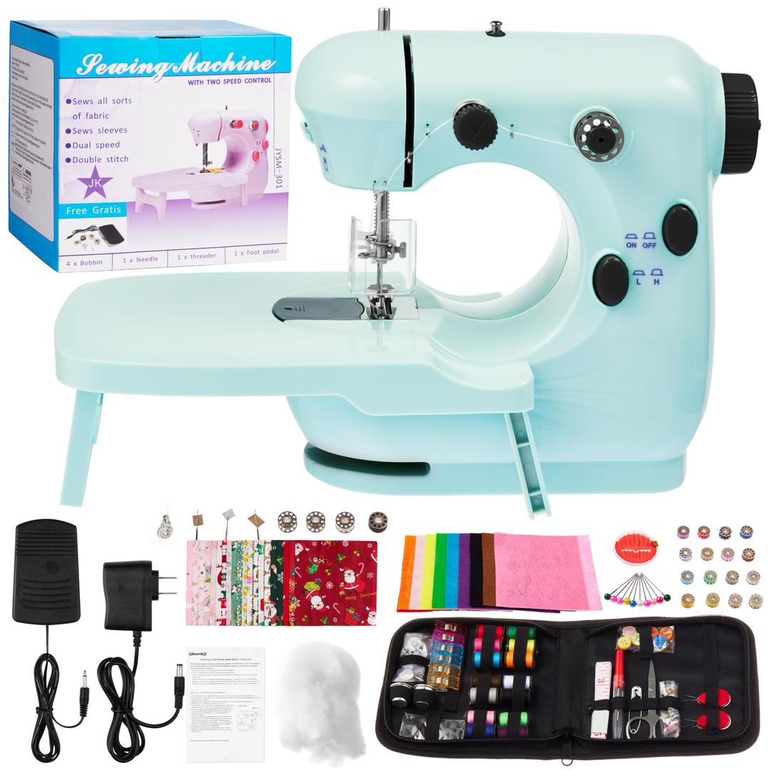 Portable Sewing Machine, Mini Sewing Machine for Beginners with 2 Speed Control, Extension Table, LED Light, Foot Pedal, DIY Home Sewing Kit with Accessories and Tools