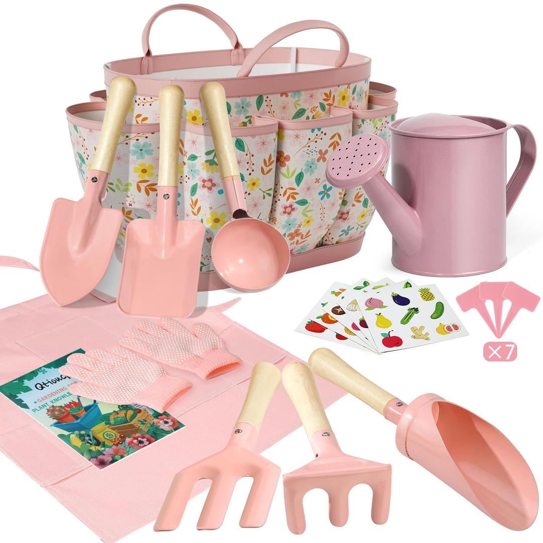 Kids Gardening Set 14Pcs Gardening Tools for Kids with Tote Bag,Watering Can, Shovel, Apron, Garden Book and More Educational STEM Learning Outdoor Indoor for Toddlers Kids Boys Girls (Floral)