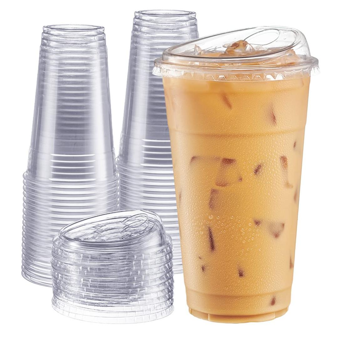 Comfy Package[24 oz. - 100 Count Crystal Clear Plastic Cups With Strawless Sip-Lids, Disposable Iced Coffee Cups with Lids - Ideal for Cold Beverages, and To-Go Drinks