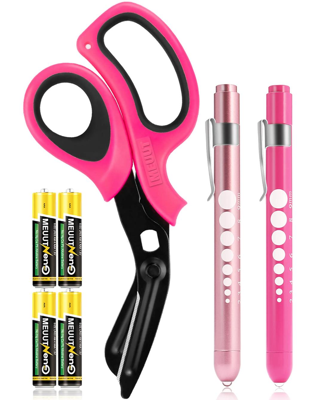 MEUUT 3 Pack Pen light & Medical Scissors-One Pantented Trauma Scissor Two LED Penlight with Pupil Gauge -8" Bandage Scissor for Nurse Doctor EMT