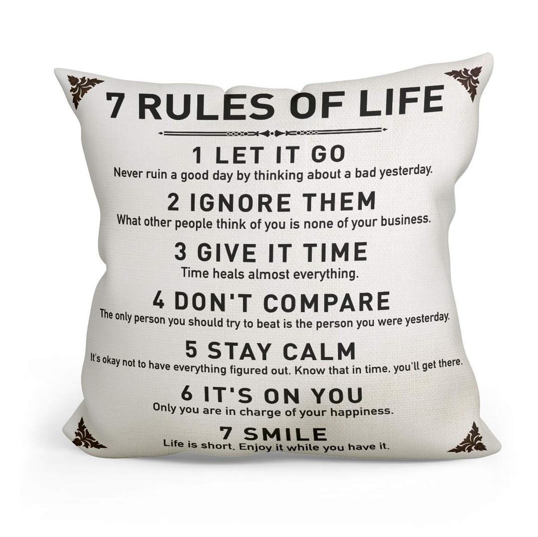 Rustic Inspirational Quotes Pillow Covers - 7 Rules of Life Pillow Case Cushion Cover for Sofa Couch Dorm Room Home Decor Gifts - Best Graduation/Birthday (18”x 18”Inch)