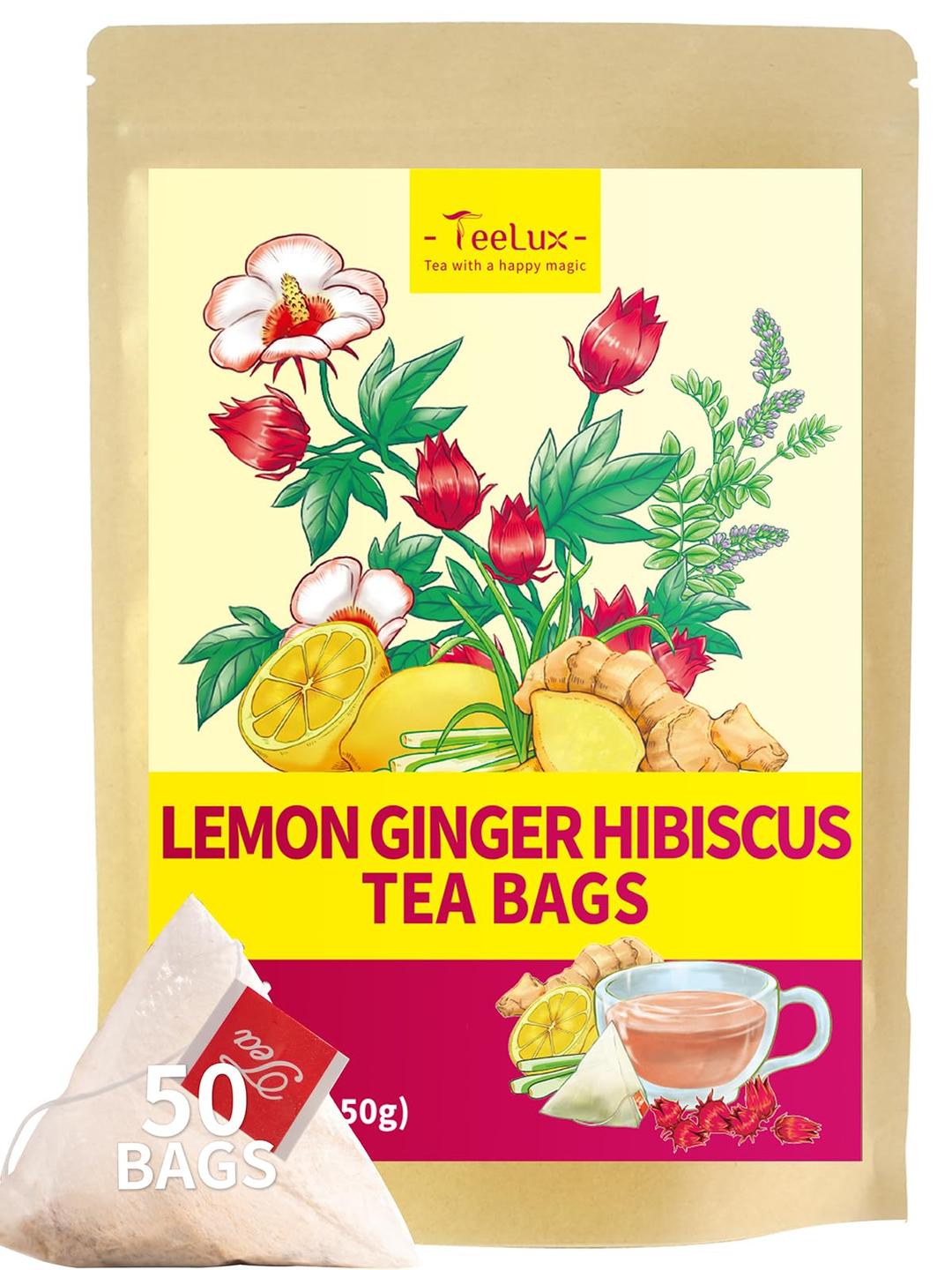 TeeLux Lemon Ginger Hibiscus Tea, Refreshing Lemongrass With Spicy Ginger, Tart Hibiscus, Sweet Licorice, Caffeine Free, 50 Count