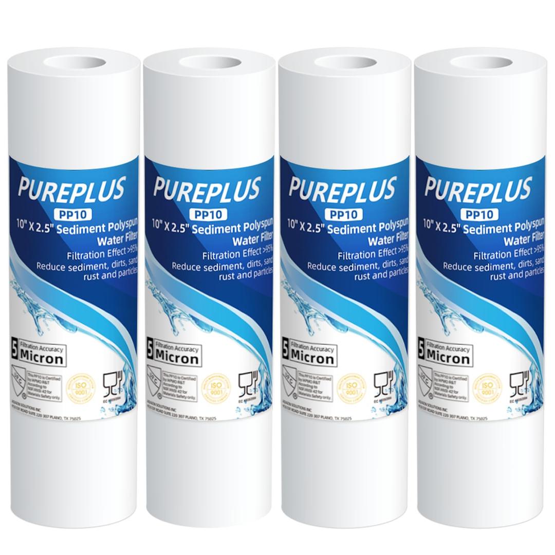 PUREPLUS 5 Micron 10" x 2.5" Whole House Sediment Home Water Filter Cartridge Replacement for Any 10 inch RO Unit, Culligan P5, Aqua-Pure AR110, Dupont WFPFC5002, CFS10, WHKF-G05, 4Pack