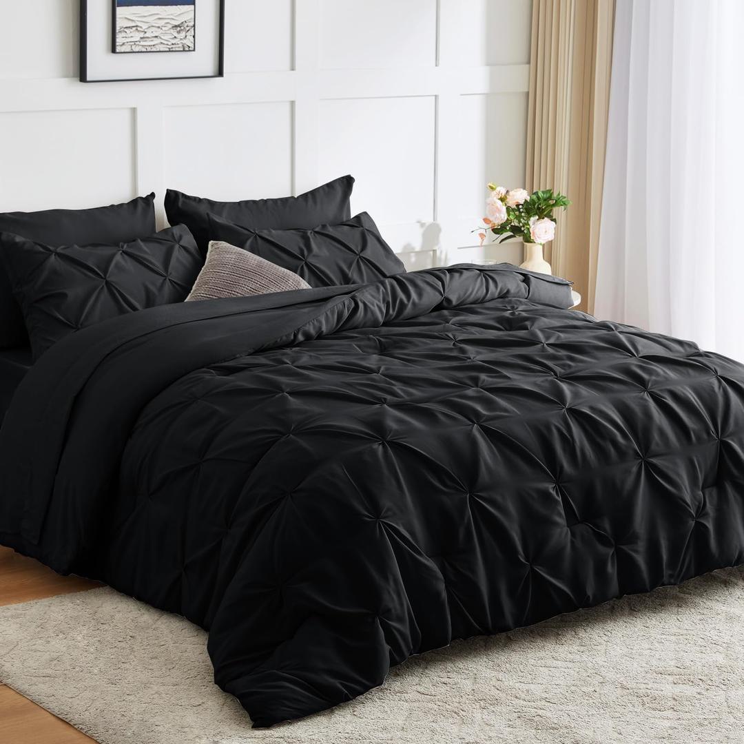 CozyLux Queen Comforter Set - 7 Pieces Bed in A Bag Queen Black Comforters Queen Size, Pintuck Pinch Pleat Complete Bedding Sets with Comforter, Flat Sheet, Fitted Sheet and Pillowcases & Shams