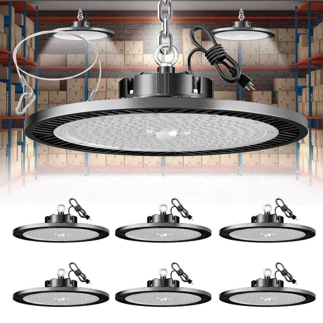 Super Bright 250w UFO LED High Bay Light 35000lm with Plug 5ft Cable (Eqv.1000w Mh/Hps/Hid),5000k High Bay Led Shop Lights Garage Lighting for Garage Factory Workshop Warehouse Barn -6pack