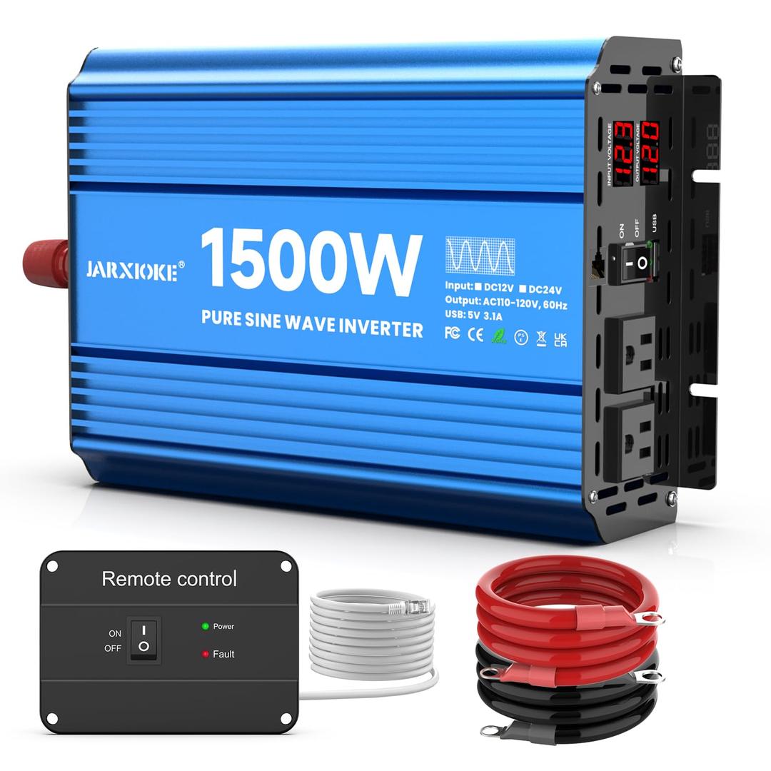 1500 Watt Pure Sine Wave Power Inverter, 12 Vdc to 110 Vdc to 120 Vdc, for Home, RV and Off-Grid Solar Systems, with 2 AC Outlets and USB Port, LCD Display, with Remote Control