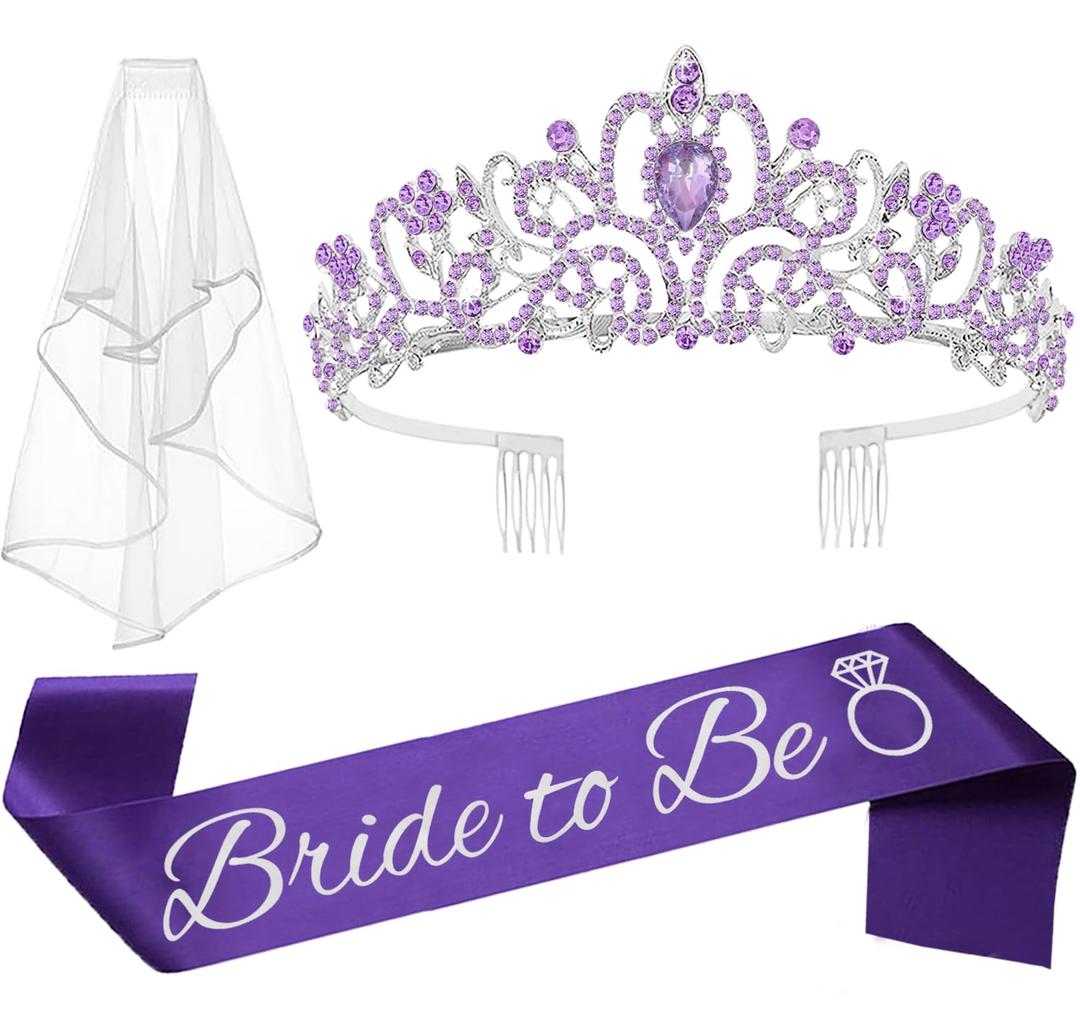 JETKONGJETKONG 3 Pcs Bachelorette Party Decorations Bridal Shower Crown, Bride to Be Sash&Veil for Women Bachelorette Party Gifts, Bachelorette Party Supplies, Gifts, Favors (Purple)