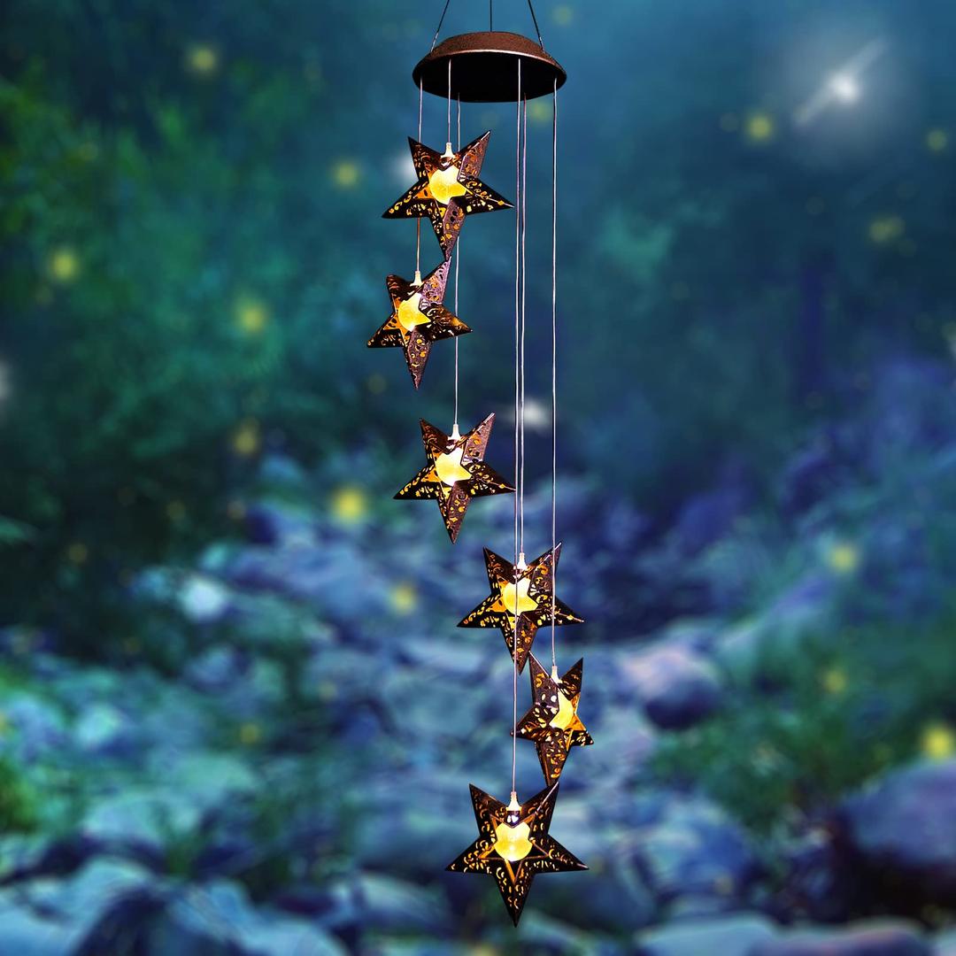 Tryme Solar Wind Chimes Star Wind Chime Warm LED Hanging Solar Lights Unique Garden Decor Memorial Thanksgiving Gifts for Mom Grandma Sister Home Party