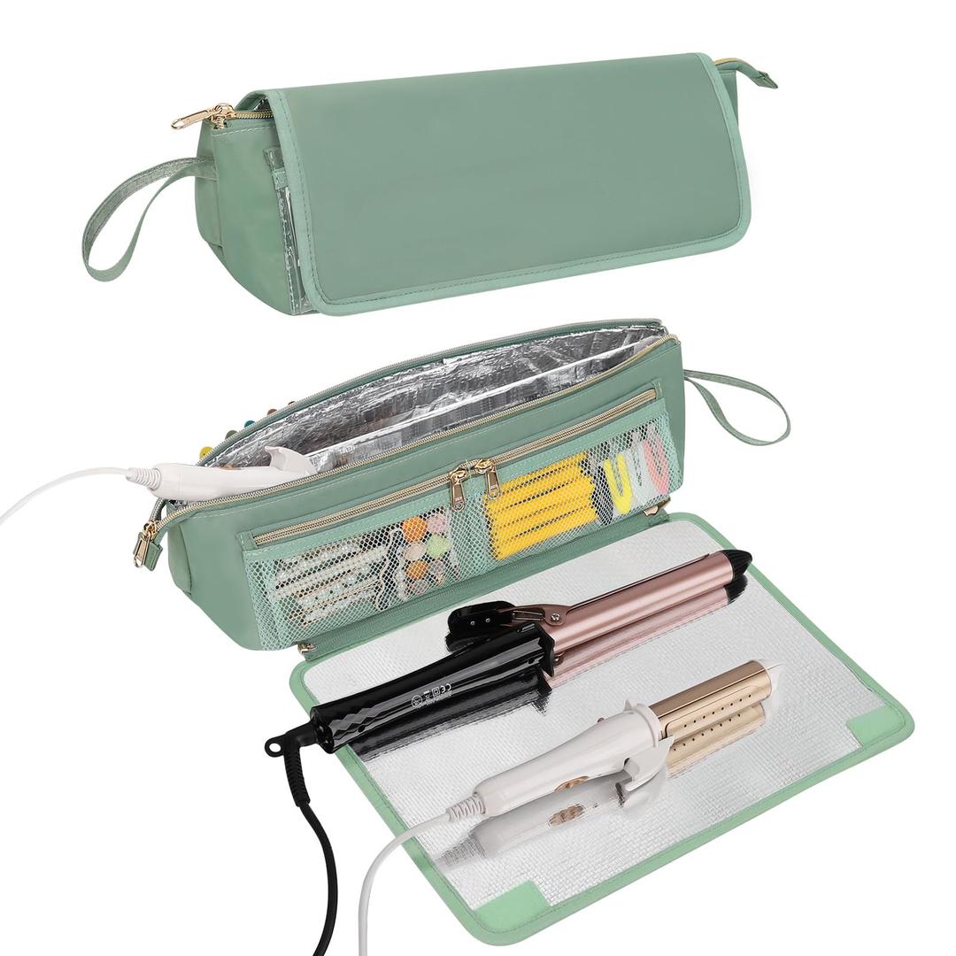 Ethereal 2-in-1 Hair Tools Travel Bag and Tinfoil Heat Resistant Mat for Flat Irons, Straighteners, Curling Iron, and Haircare Accessories, Hot Hair Styling Tool Organizer with Pockets, 16 Inch Green