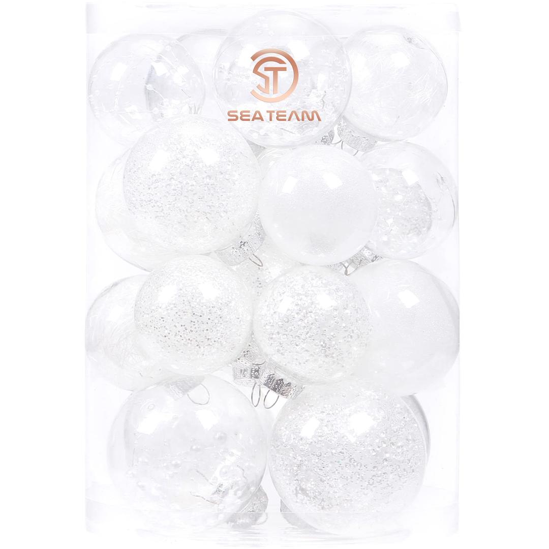 Sea Team Multi-Size Shatterproof Clear Plastic Christmas Ball Ornaments Decorative Xmas Balls Baubles Set with Stuffed Delicate Decorations (25 Counts, White)