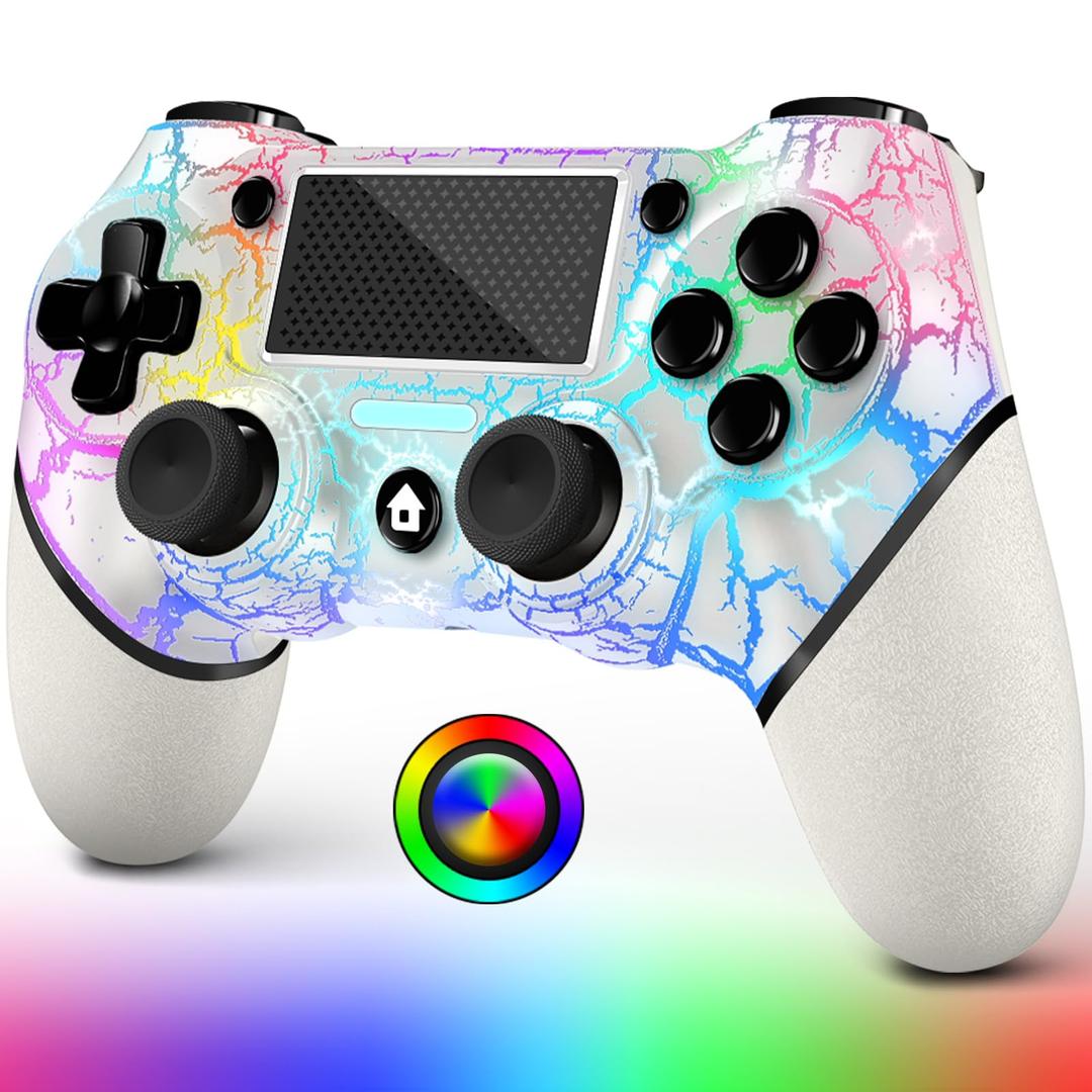 AceGamer Wireless Controller for PS4, White Crack Custom Design with RGB Light,1000mAh Battery and 3.5mm Audio Jack, V2 Gamepad Joystick Compatible with PS4/Slim/Pro and Windows PC! (White-Light Up)