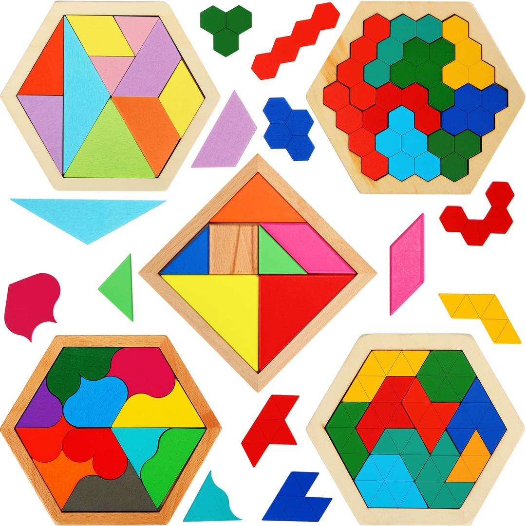 5 Pack Wooden Hexagon Puzzle for Kid Shape Pattern Block Brain Teaser Puzzles Wood Block Puzzle Geometric Tangram Puzzle Hexagon Wooden Puzzle for Jigsaw 3D Logic IQ Game Gift (Geometry)