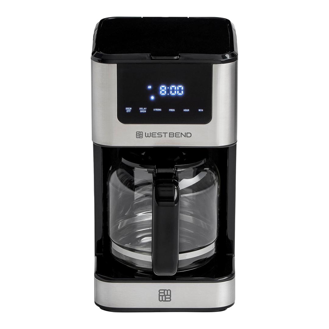 West BendDrip Coffee Maker Brews Hot or Iced, Programmable with Brew Strength Selector Auto Shut-Off and 6 Functions Permanent Mesh Filter and Glass Carafe, 12-Cup, Metallic,Silver