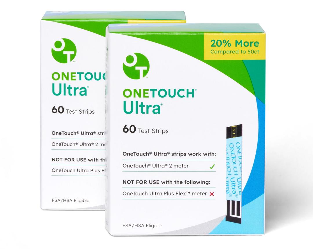 OneTouch Ultra Test Strips for Diabetes - 120 Count Diabetic Test Strips | Blood Sugar Test Strips for Blood Glucose Monitor Kit (2 Boxes, 60 Diabetes Test Strips Each)