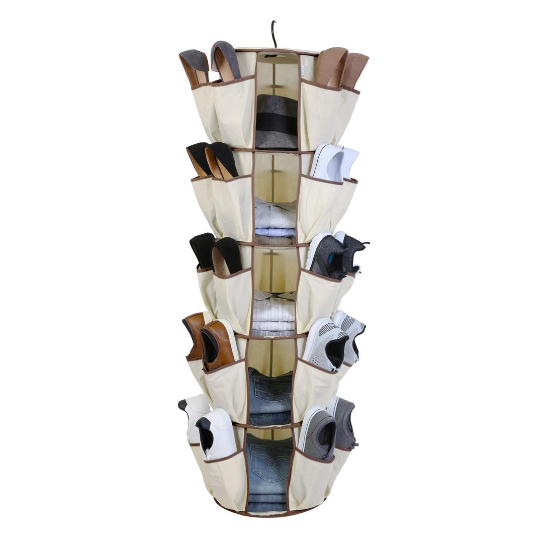 Smart Design5-Tier Smart Carousel Organizer w/ 40 Pockets & Steel Metal Hook - 360 Degree Swivel - Heavy Duty Fabric - Clothing, Shoes, Misc. Item - Home Organization (13 x 51.8 Inch) [Beige]