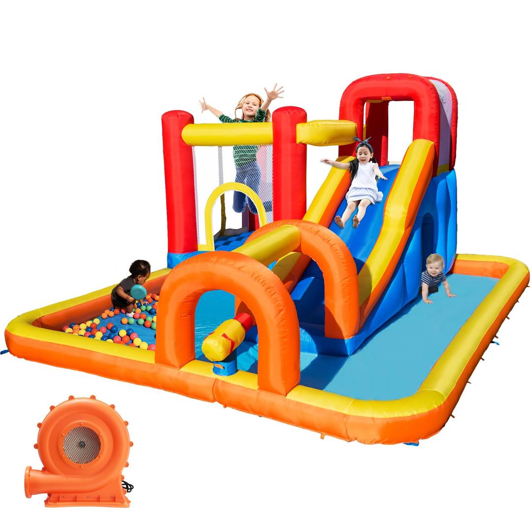 Baralir Inflatable Bounce House Water Park with Long Water Slide & Large Splash Pool Fits 5 Kids, Endless Fun of Jumping, Sliding, Climbing - Extra Cave and Tunnel Adventure and Water Cannon