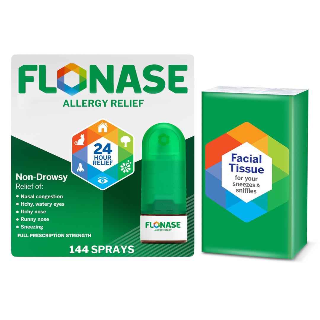 Flonase Allergy Relief Nasal Spray, 24-Hour Non-Drowsy Multi-Symptom Relief – 144 Sprays, Bonus Pack of Tissues