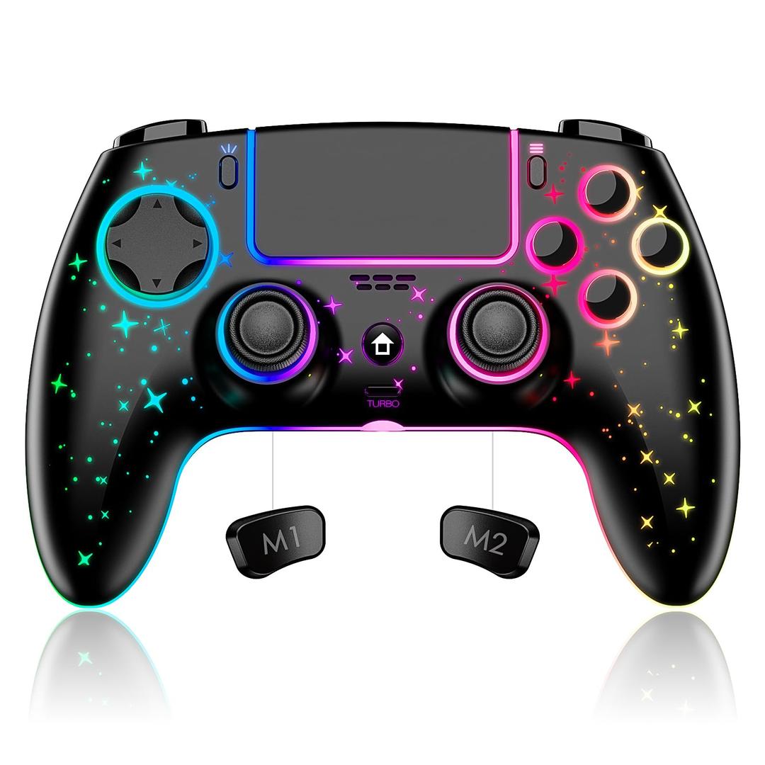 ewnol Wireless Controller for PS4/Slim/Pro/PC, Cool RGB Gamepad with Dual Vibration/Motion Sensor/9 Adjustable LED Colors/TURBO/Program Buttons - Galaxy