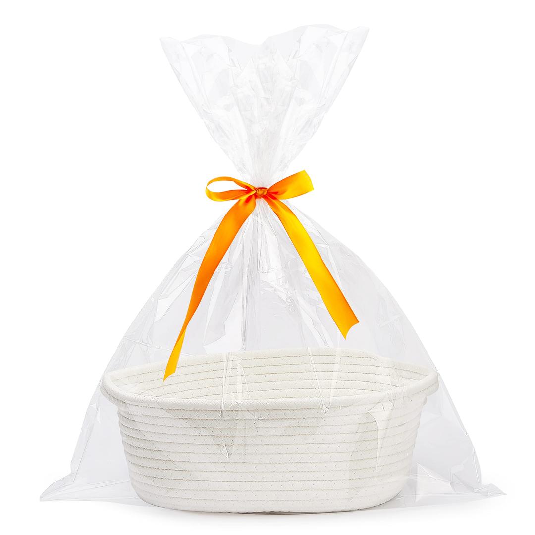 Pro Goleem Small Woven Basket with Gift Bags and Ribbons Durable Baskets for Fathers Day Gift Empty Small Rope Basket for Storage 12"X 8" X 5" Baby Toy Basket with Handles, White