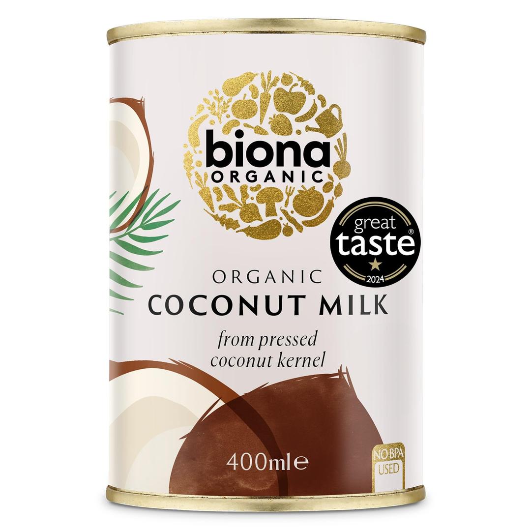 BionaOrganic Coconut Milk 400 ml, Pack of 6 - Great Taste Award 2024 Winner - Dairy Free, Naturally Vegan - Pressed from Coconut Kernels - For Cooking and Baking - Vegan Alternative